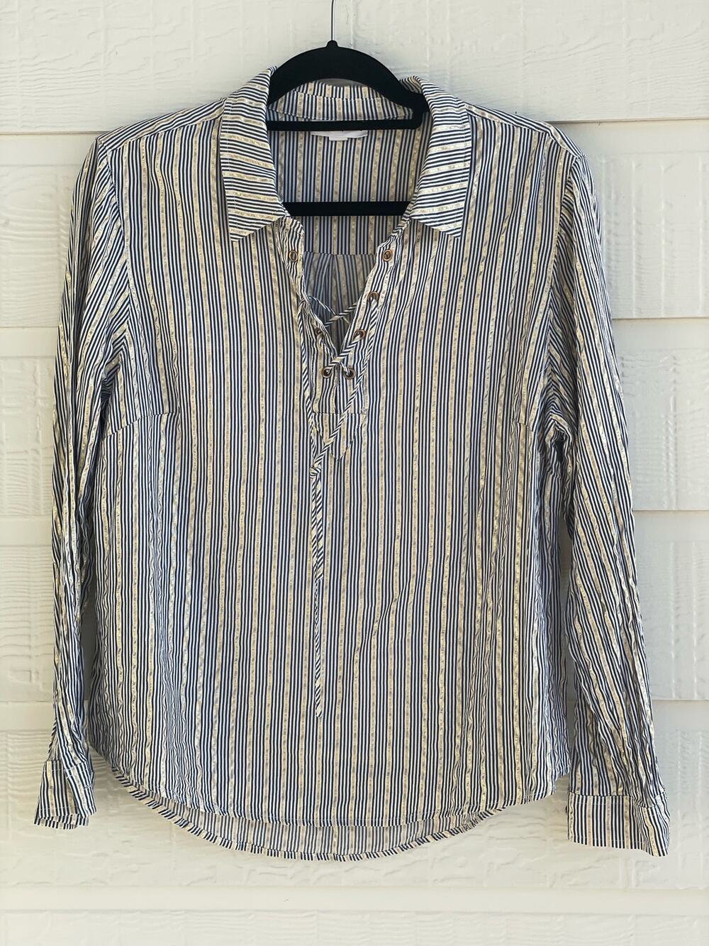 Westport ladies lace up front blouse XL navy gold stripe long sleeve